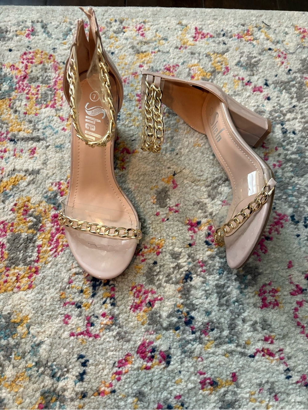 SHEIN Pink Patent Block Heel Sandals with Gold Chain Accent